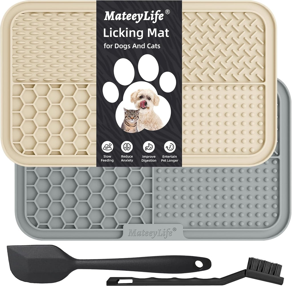 2PCS Large Lick Mat for Dogs with Suction Cups, Slow Feeder Bowls,Cat Lick Mat for Anxiety Relief, Dog Toys to Keep Them Busy, Cat Licking Pad for Boredom (Gray&Beige, 9.9'' × 6'')