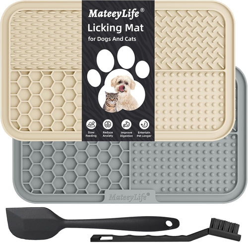 2PCS Large Lick Mat for Dogs with Suction Cups, Slow Feeder Bowls,Cat Lick Mat for Anxiety Relief, Dog Toys to Keep Them Busy, Cat Licking Pad for Boredom (Gray&Beige, 9.9'' × 6'')
