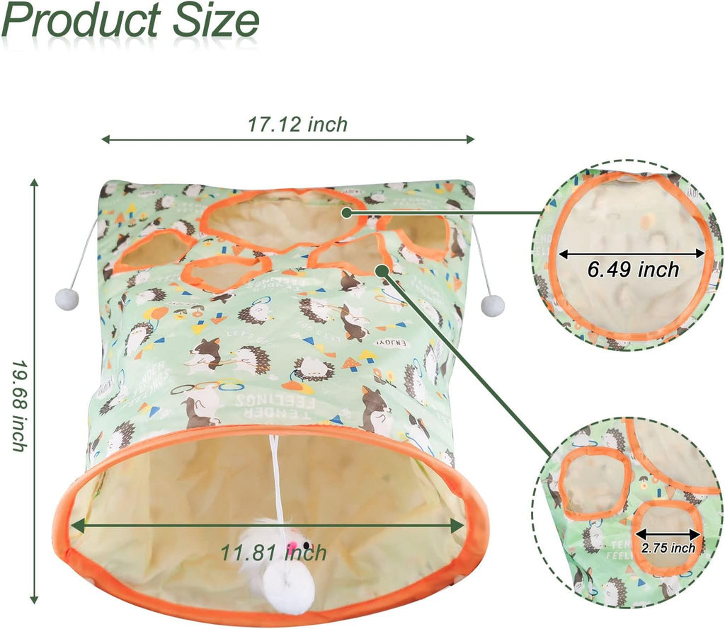 Cat Tunnel Bags for Indoor Cats, 13X17X12In Foldable Cat Crinkle Bag with 3 White Plush Balls and 1 Mouse 5 Holes for Kitten to Hide and Catch 3 Layers Cat Toy (Hedgehog)