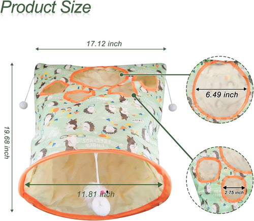 Cat Tunnel Bags for Indoor Cats, 13X17X12In Foldable Cat Crinkle Bag with 3 White Plush Balls and 1 Mouse 5 Holes for Kitten to Hide and Catch 3 Layers Cat Toy (Hedgehog)
