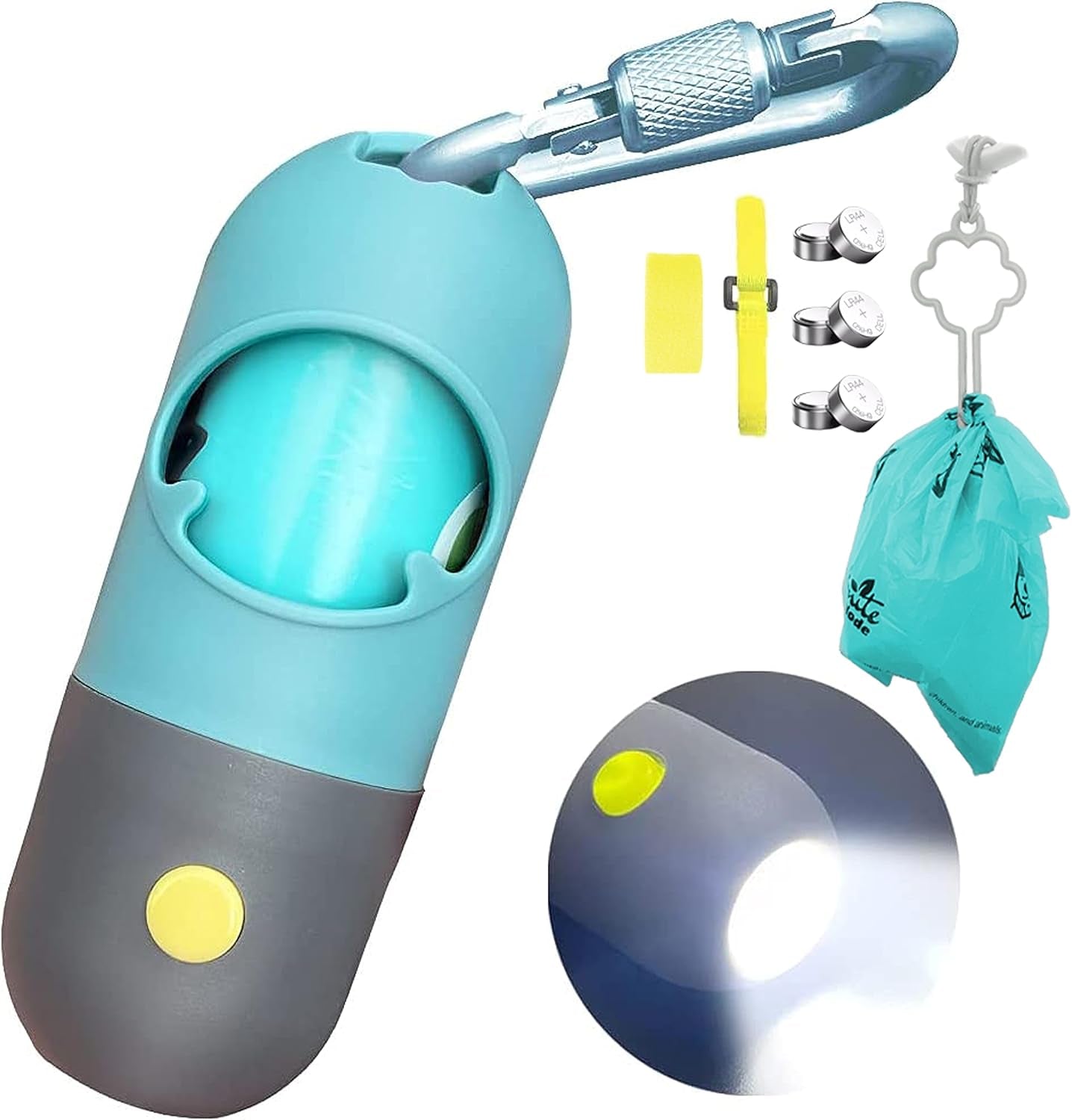 Dog Poop Bag Dispenser with Built-In LED Flashlight and Metal Clip for Leash, Pet Waste Bag Holder, Dog Walking Accessory, Crystal Blue