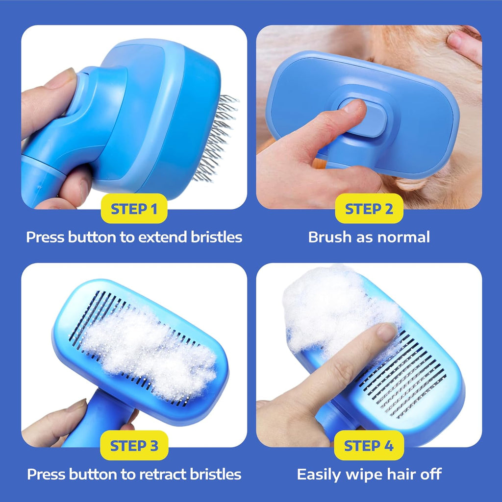 Self Cleaning Slicker Brush for Cats & Dogs – Grooming Tool for Shedding Long & Short Hair – Retractable Bristles Pet Brush – Easy-Clean Cat & Dog Deshedding – Painless Detangling - Blue