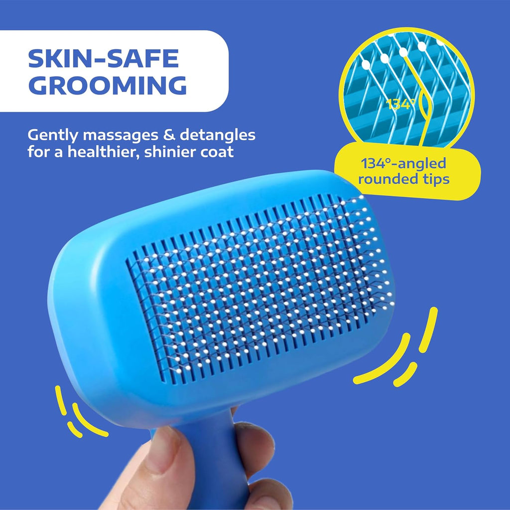 Self Cleaning Slicker Brush for Cats & Dogs – Grooming Tool for Shedding Long & Short Hair – Retractable Bristles Pet Brush – Easy-Clean Cat & Dog Deshedding – Painless Detangling - Blue