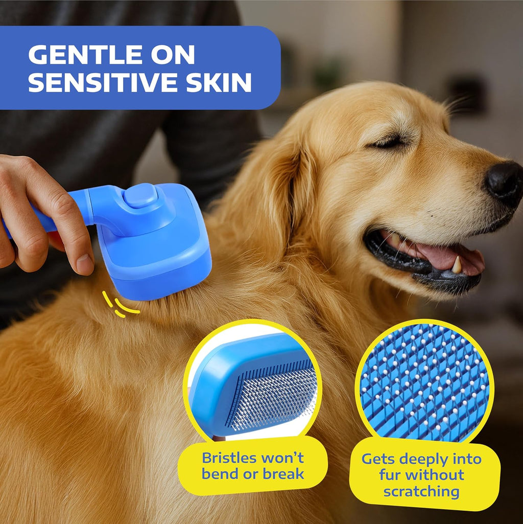 Self Cleaning Slicker Brush for Cats & Dogs – Grooming Tool for Shedding Long & Short Hair – Retractable Bristles Pet Brush – Easy-Clean Cat & Dog Deshedding – Painless Detangling - Blue
